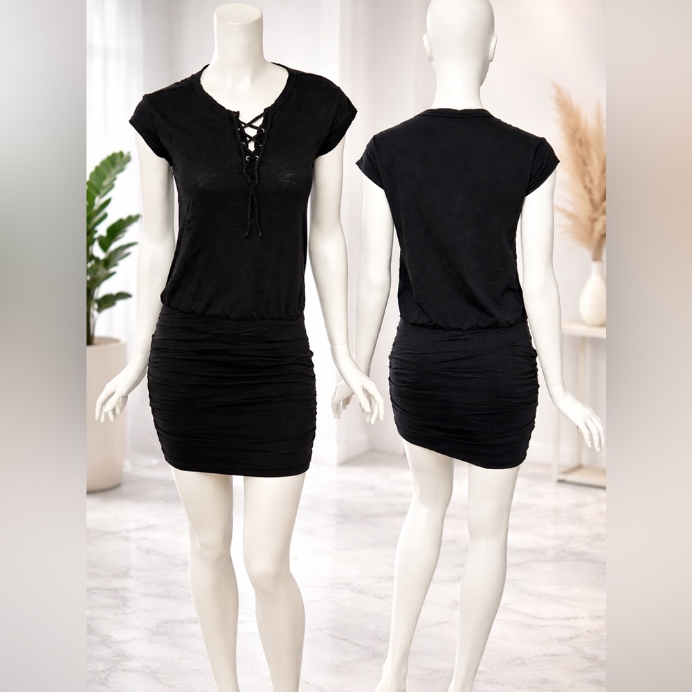 Velvet by Graham & Spencer Vintage Slub Mini Dress Ruched Skirt Cap Sleeve Black